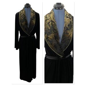 Vintage Black Velvet Robe Gold Brocade Shawl Collar Long Dressing Gown Womens L